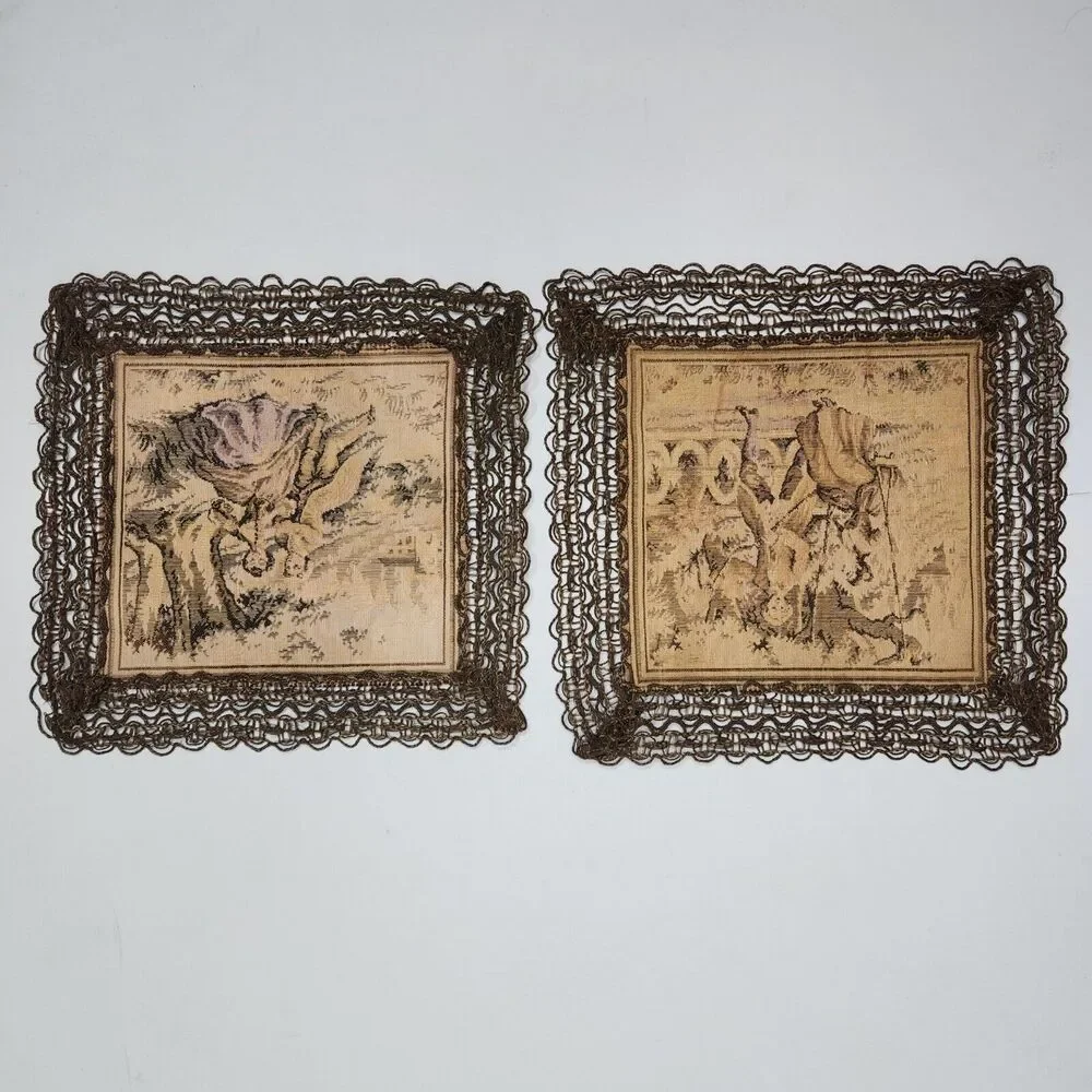 8.25in French Tapestry Doilies Lot of 2 Romantic Courting Scenes Crochet France
